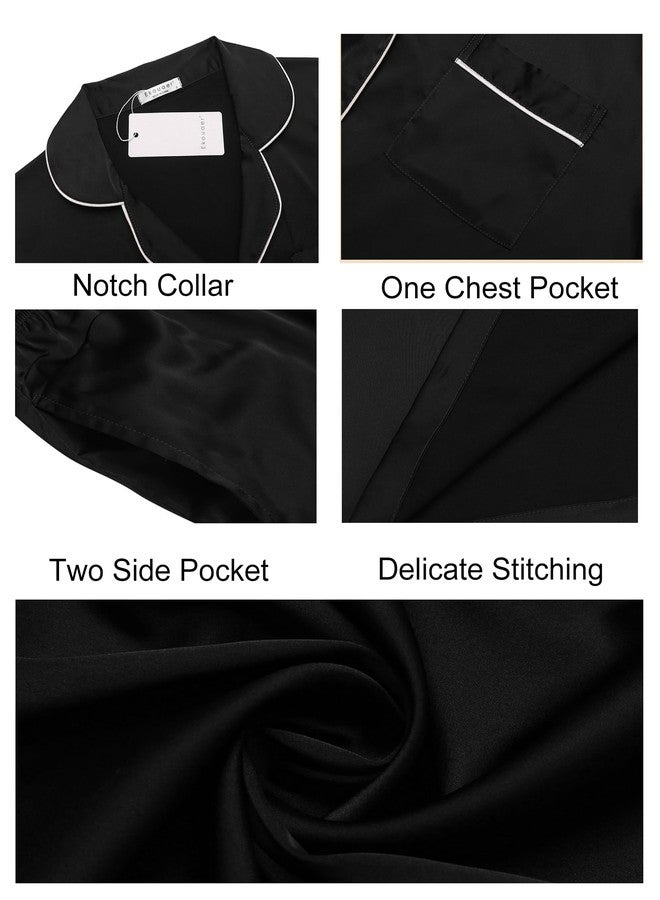 Ekouaer Couple Pajamas Women's Silk Satin Pajama Set Button Down Sleepwear with Pockets 2 Piece Pjs Set Black,M - Image 5